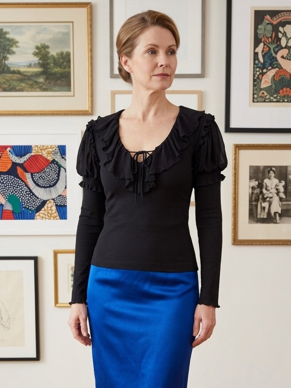 Anthro Ruffle Black Top Puff Sleeve Romantic Chic Fitted Stretch Blouse